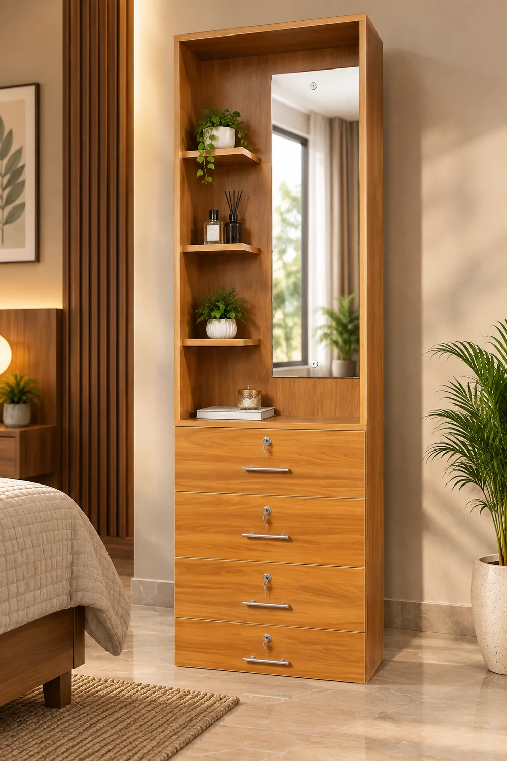 Serene oak vanity with open shelves — dressing units in particle board