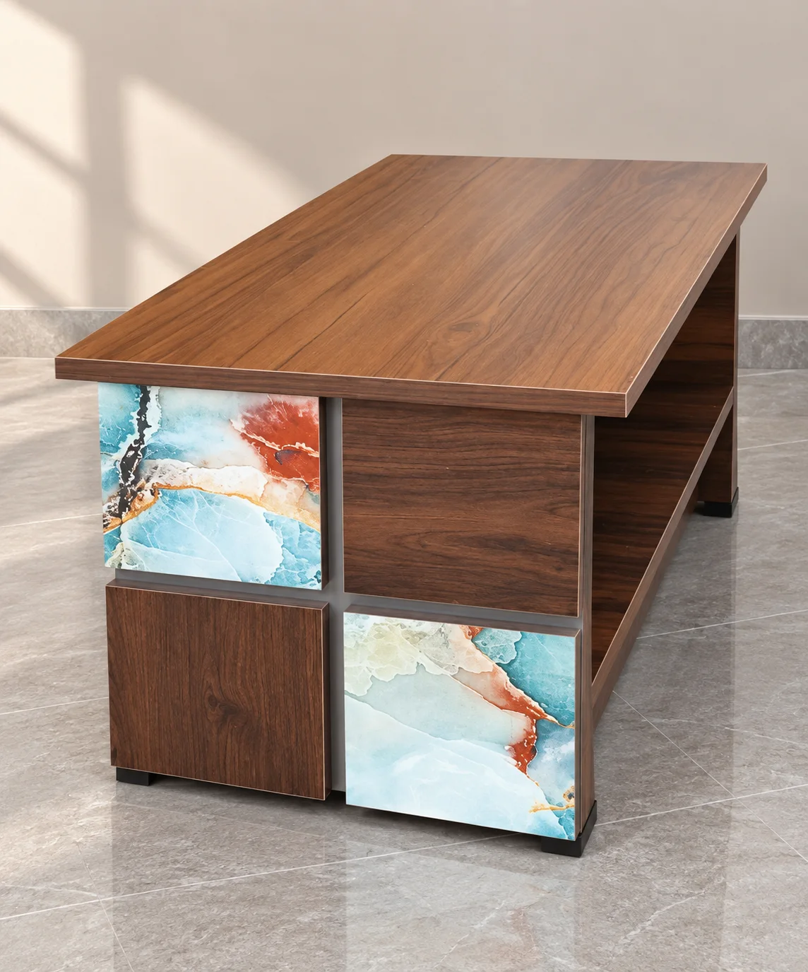 Mosaic geometric storage coffee table — teapoy in wood