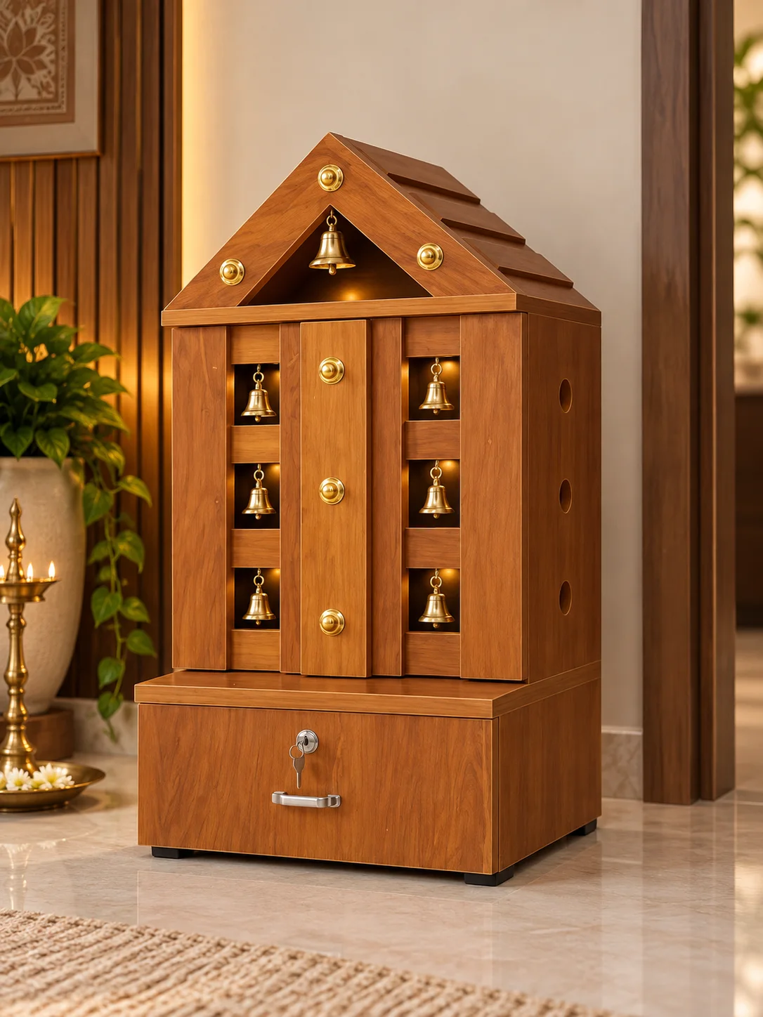 Aaradhya temple-style pooja cabinet — pooja units in wood