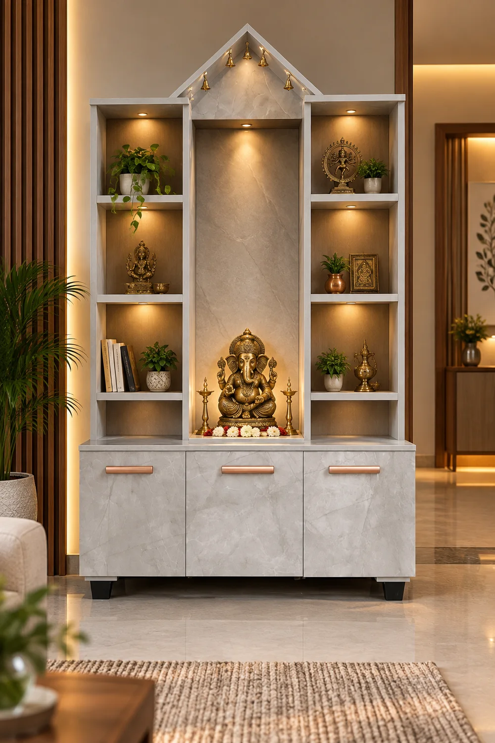 Divine illuminated pooja unit — pooja units in wood