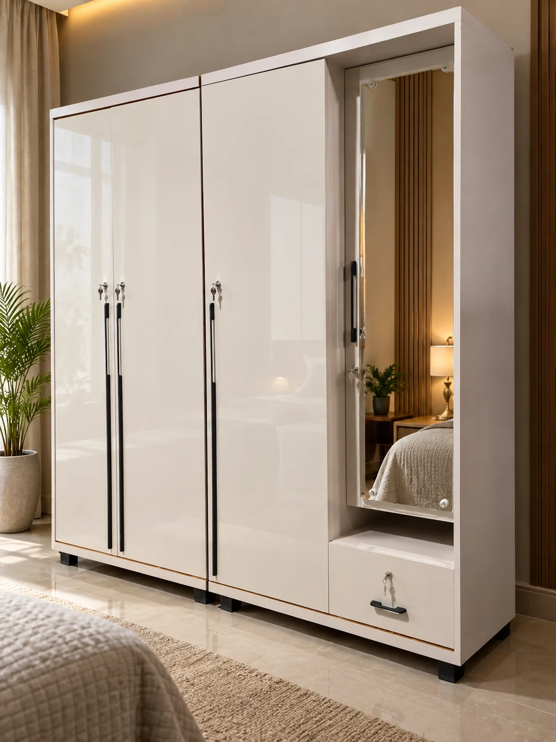 Opal white mirror wardrobe — wardrobes in particle board