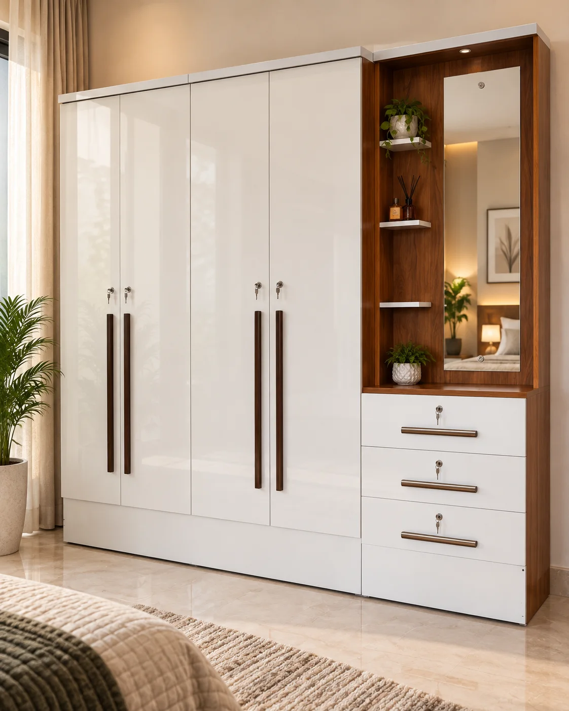 Celeste white wardrobe with open dressing shelves — wardrobes in particle board