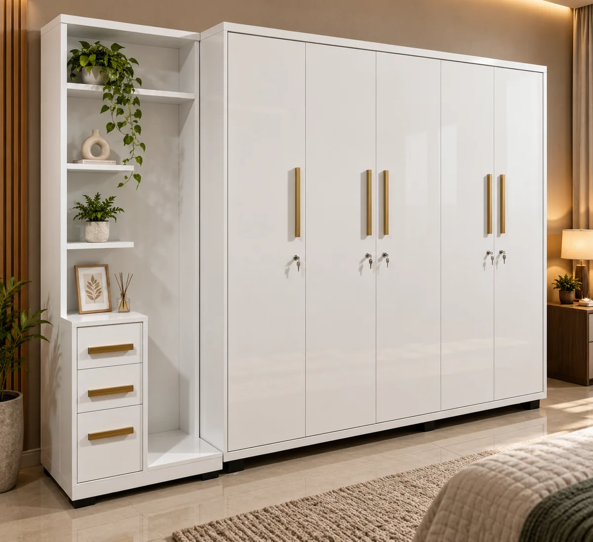 Breeze white wardrobe with side shelves — wardrobes in particle board
