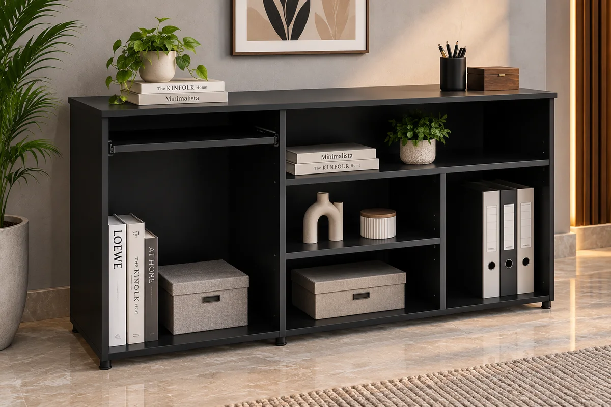 Obsidian black open media console — tv units in wood