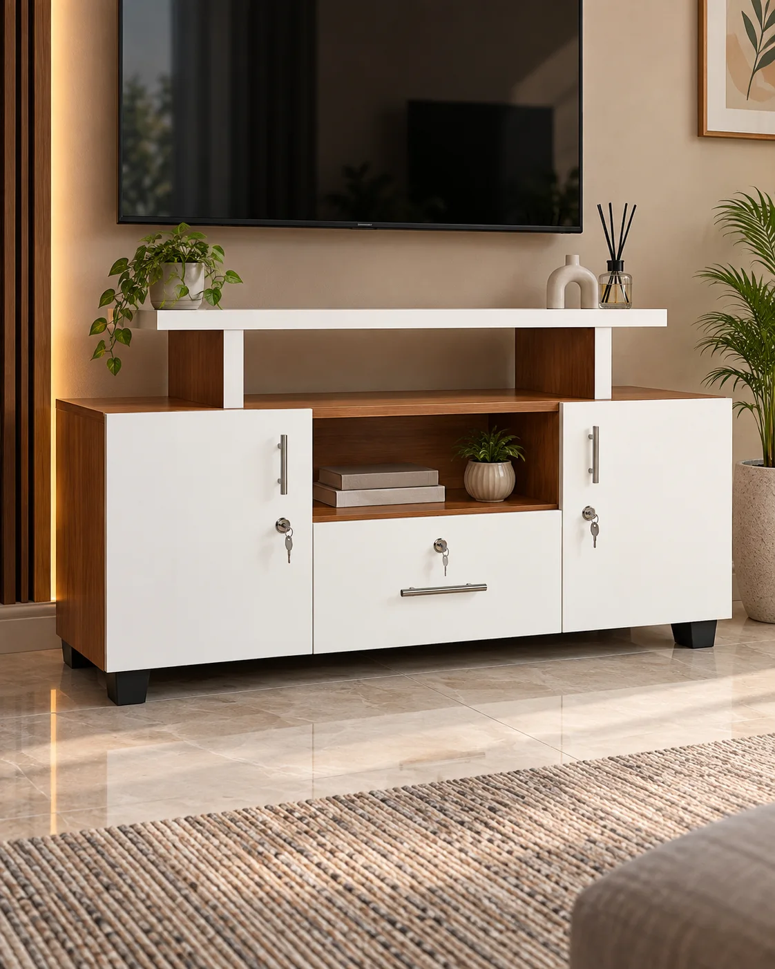Linen white and wood tv console — tv units in wood